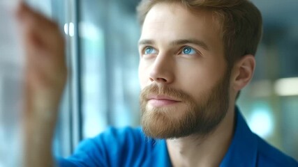 Man in blue shirt doing window defocused installation banner, faceless worker activity, fitting visualization detail, blurred long format background, construction concept, professi
