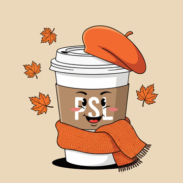 Cute Pumpkin Spice Latte coffee cup character with autumn leaves