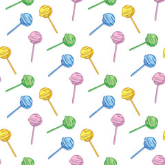 Cute colorful Lollipop Candies seamless pattern. Trendy design for wallpaper, fabric, textile, print, wrapping paper or package design.