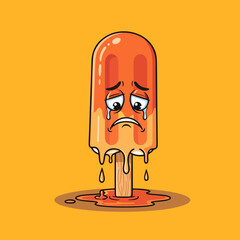 Sad melting orange popsicle cartoon character crying