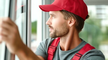 Man installing windows in new defocused home expertise, faceless professional contractor, fitting visualization detail, blurred construction background, precision concept, installa