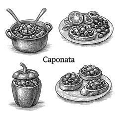 Caponata Ingredients in Vintage Engraving Style Transparent Background
