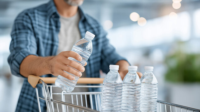 Hispanic man in casual attire is adding bottled water packs to a shopping cart in a bright store environment, showcasing hydration and shopping habits