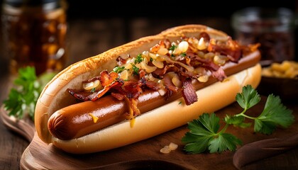gourmet loaded hot dog with crispy bacon caramelized onions and fresh parsley