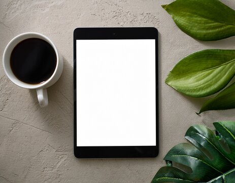 digital tablet screen displays blank white space on a textured surface with plants