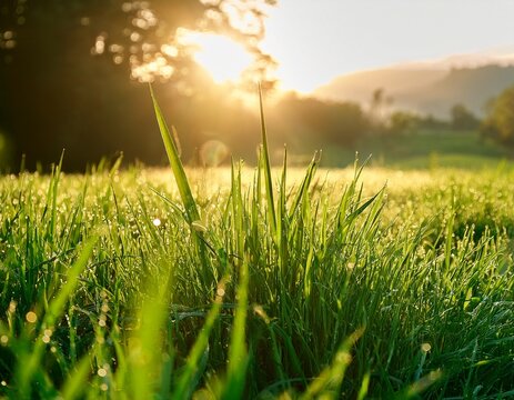 morning sunshine illuminating fresh green grass in a serene natural landscape close up view of nature