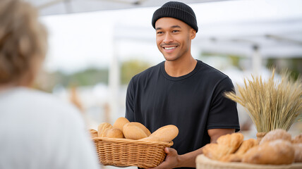 Young African American man smiling while purchasing artisan bread from an outdoor bakery stand, showcasing fresh baked goods and a warm atmosphere