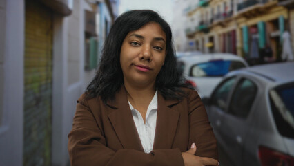 Woman stands with arms crossed and eyes rolling on a crowded city street with parked cars along...