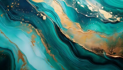 a captivating split design featuring fluid teal and turquoise tones accented with opulent gold flecks and lines evoking a serene and sophisticated aesthetic