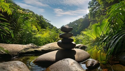 serene stack of smooth stones surrounded by lush green foliage