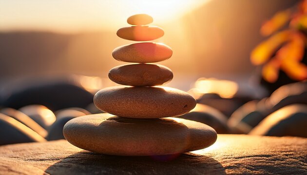 stack of balanced zen stones in sunlight symbolizing peace and harmony