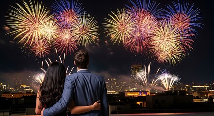 Couple watching fireworks display against a dark night sky over cityscape