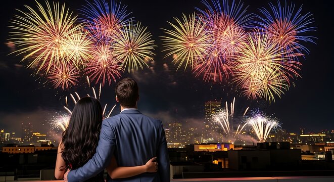Couple watching fireworks display against a dark night sky over cityscape