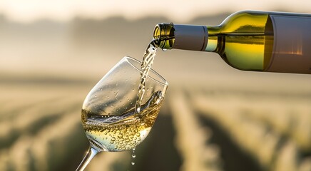 Fototapeta premium Pouring White Wine into Glass in Vineyard during Golden Hour