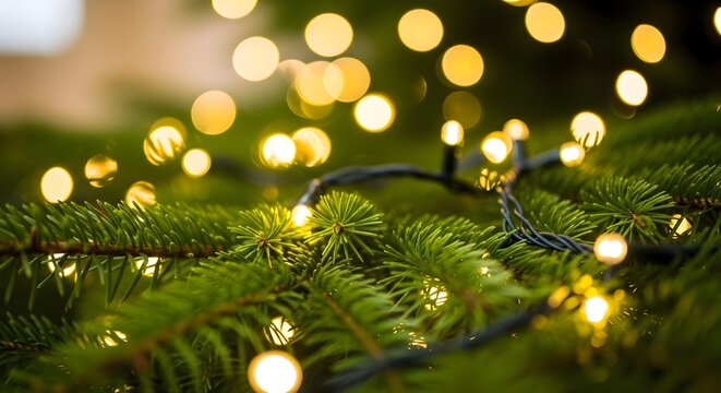 Close up of festive christmas tree with illuminated fairy lights