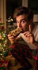 A man eating panettone by a christmas tree in plaid pajamas with presents and bokeh lights behind him