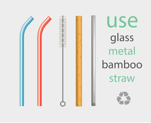 Glass Metal Bamboo Straw Set Isolated