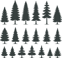 Collection of eighteen distinct evergreen tree silhouettes in various shapes and sizes, perfect for nature or winter themed graphic design projects