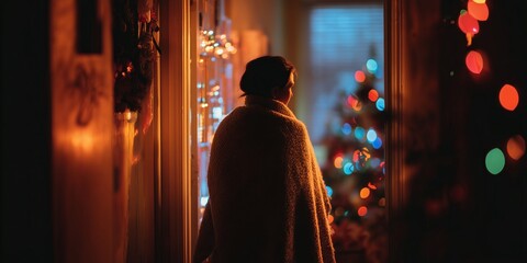 Obraz premium Silhouetted woman wrapped in plaid blanket stands in doorway toward twinkling tree. Intimate Christmas homecoming, warm nostalgic holiday vibe.