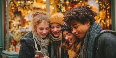 Obraz premium Teens in snowy knit hats huddle around glowing phone at Christmas market bokeh. Youthful holiday excitement, shared digital joy vibe.