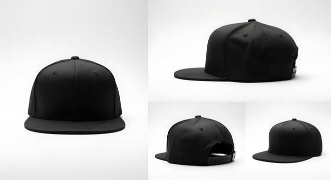 Three black baseball caps isolated on white background in various angles showing the design details