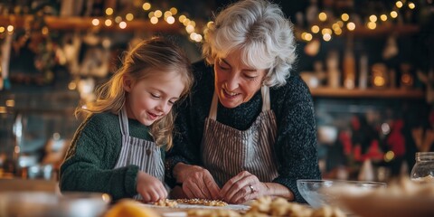 Smiling grandmother and little grandchild in aprons bake Christmas cookies, rolling dough on floury table under warm fairy lights. Sweet family baking tradition, joyful holiday preparation.