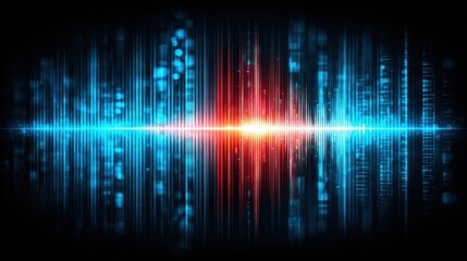 Fototapeta premium A vibrant digital soundwave visualization featuring blue and red tones against a dark background, symbolizing audio and technology integration.