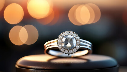 Close-up of a luxurious diamond engagement ring with a halo setting, resting on a velvet jewelry display stand with a warm, blurry bokeh background.