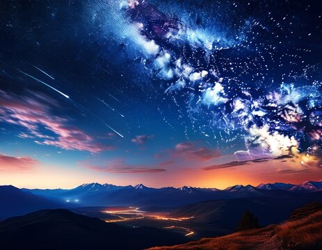 a serene night landscape showcases a mountainous region under a starlit sky filled with the milky way - Powered by Adobe