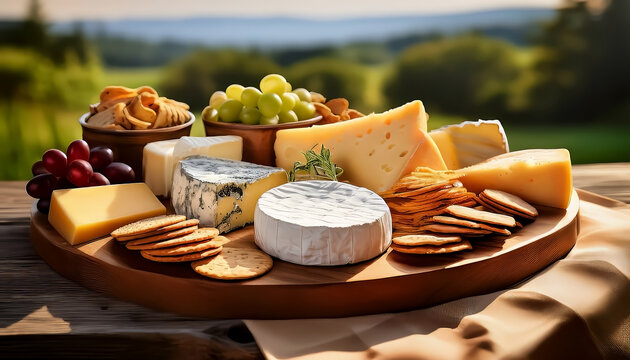 Close-up of a wooden cheese platter loaded with various gourmet cheeses, grapes, and crackers, set on a picnic table outdoors with a lush, blurred green landscape background. - Powered by Adobe