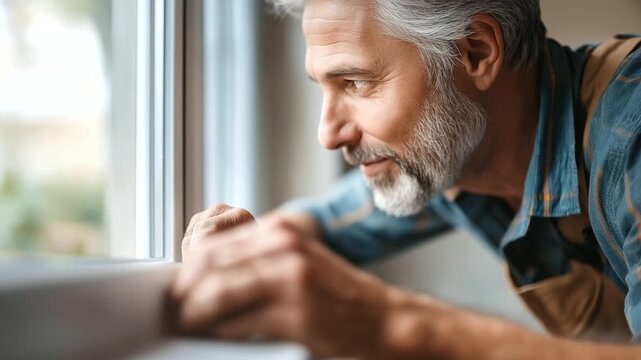 Handyman using acrylic sealant defocused caulking outside, faceless window frame work, sealing visualization detail, blurred exterior background, weatherproofing concept, maintenan