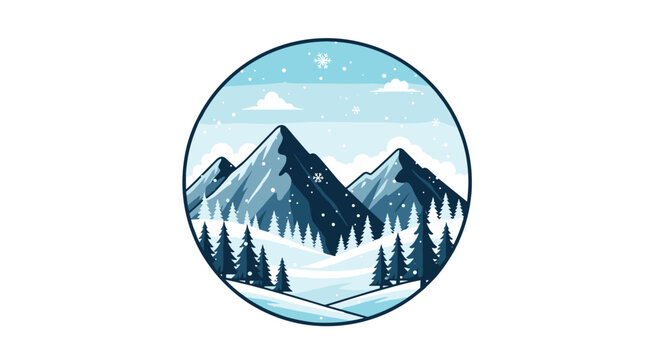 Beautiful winter mountain landscape with snowy peaks and a pine forest in a circular frame perfect for a logo or travel sticker.