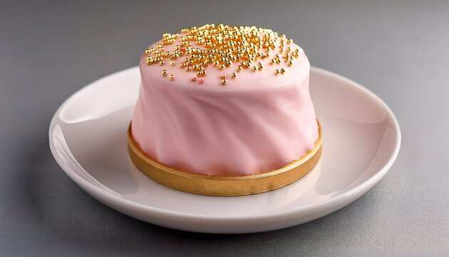 delicate pink dessert with a creamy topping adorned with gold sprinkles sits on a white plate against a soft gray backdrop