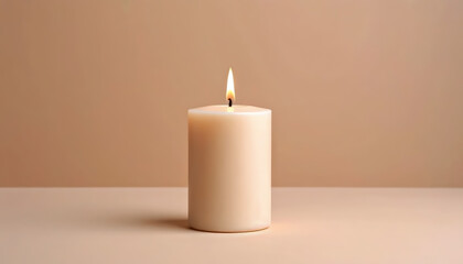 Side view studio shot of a tall, white pillar candle with a bright, flickering flame, set against a solid, warm beige background with a gentle gradient and copy space.