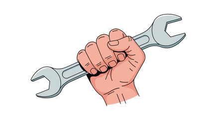 Cartoon vector illustration of a strong hand holding a large metal wrench representing repair services and manual labor concepts.