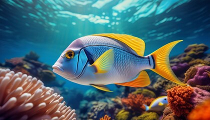 Fototapeta premium close up of a striking gray and white fish with yellow fins swimming amongst coral reefs in a vibrant underwater scene