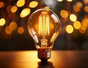 a warm vintage style incandescent lightbulb illuminated against a backdrop of soft blurred golden lights creates a feeling of inspiration and innovation