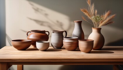 artistic display of handmade ceramics on rustic wooden table minimalist interior still life photography