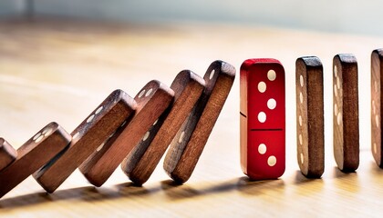a meticulously crafted still life showcases a row of wooden dominoes with one striking red domino positioned centrally amidst a tableau of falling dominoes