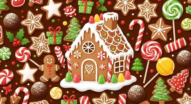 Festive gingerbread house and cookies christmas holiday background pattern