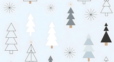 Minimalist christmas trees and snowflakes pattern on light blue background