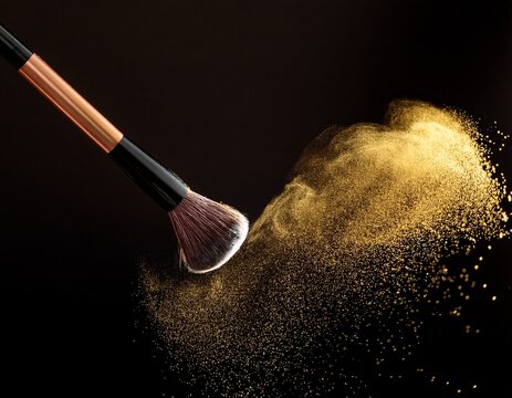 makeup brush creating explosion of shimmering golden powder - Powered by Adobe