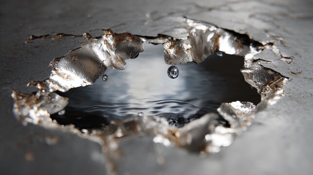 Close-up of a damaged metallic surface with a hole, exposing tranquil water beneath, highlighting reflections and droplets, creating an intriguing visual experience