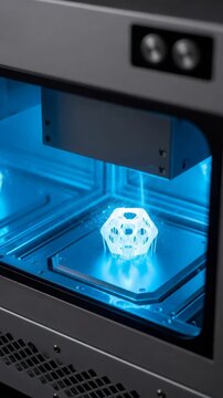 Stereolithography 3D printer creating transparent object with blue light. Rapid prototyping and additive manufacturing technology concept. Vertical video