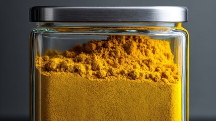 A glass jar containing bright yellow turmeric powder, highlighting its fine texture and vivid color, perfect for culinary applications or spice storage