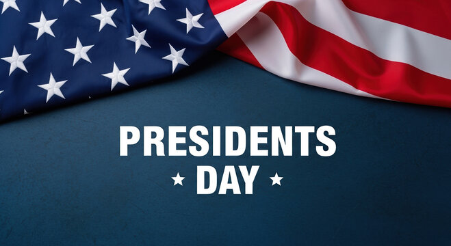 Presidents day text on a blue textured background with american flag spread across top right corner