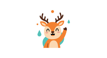 Fototapeta premium A friendly, happy cartoon deer with prominent antlers smiles and waves, surrounded by abstract orange dots and teal teardrops.