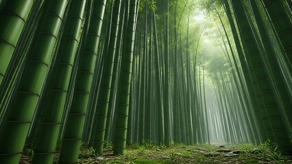 Lush Bamboo Forest Canopy with Sunlight Filtering Through the Stalks.