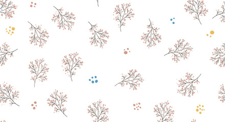 Soft and gentle seamless pattern with scattered hand-drawn botanical elements in pink and brown, accented by playful colorful dots.