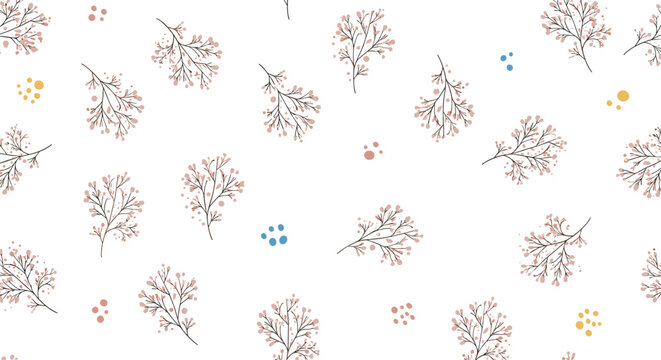 Soft and gentle seamless pattern with scattered hand-drawn botanical elements in pink and brown, accented by playful colorful dots.